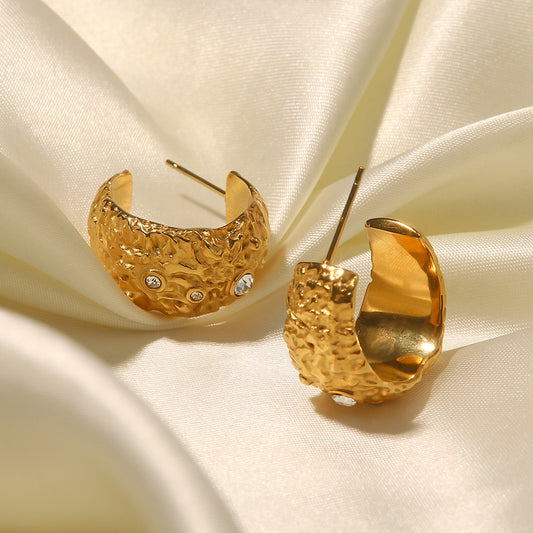 5pcs Light Luxury 18K Gold C Shape Inlaid White Diamond Earrings Titanium Steel Hollow Earrings For Women