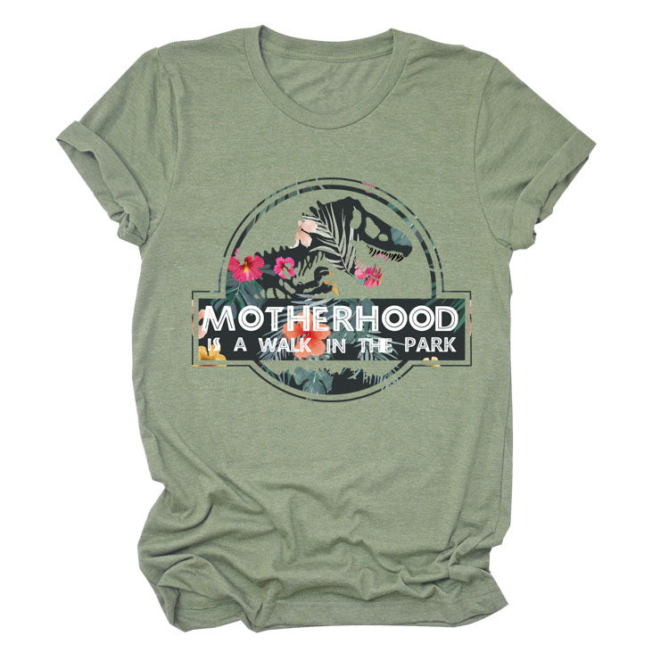 Motherhood Is A Walk In The Park. Plus-Size Round Neck Letter Short-Sleeved Shirt