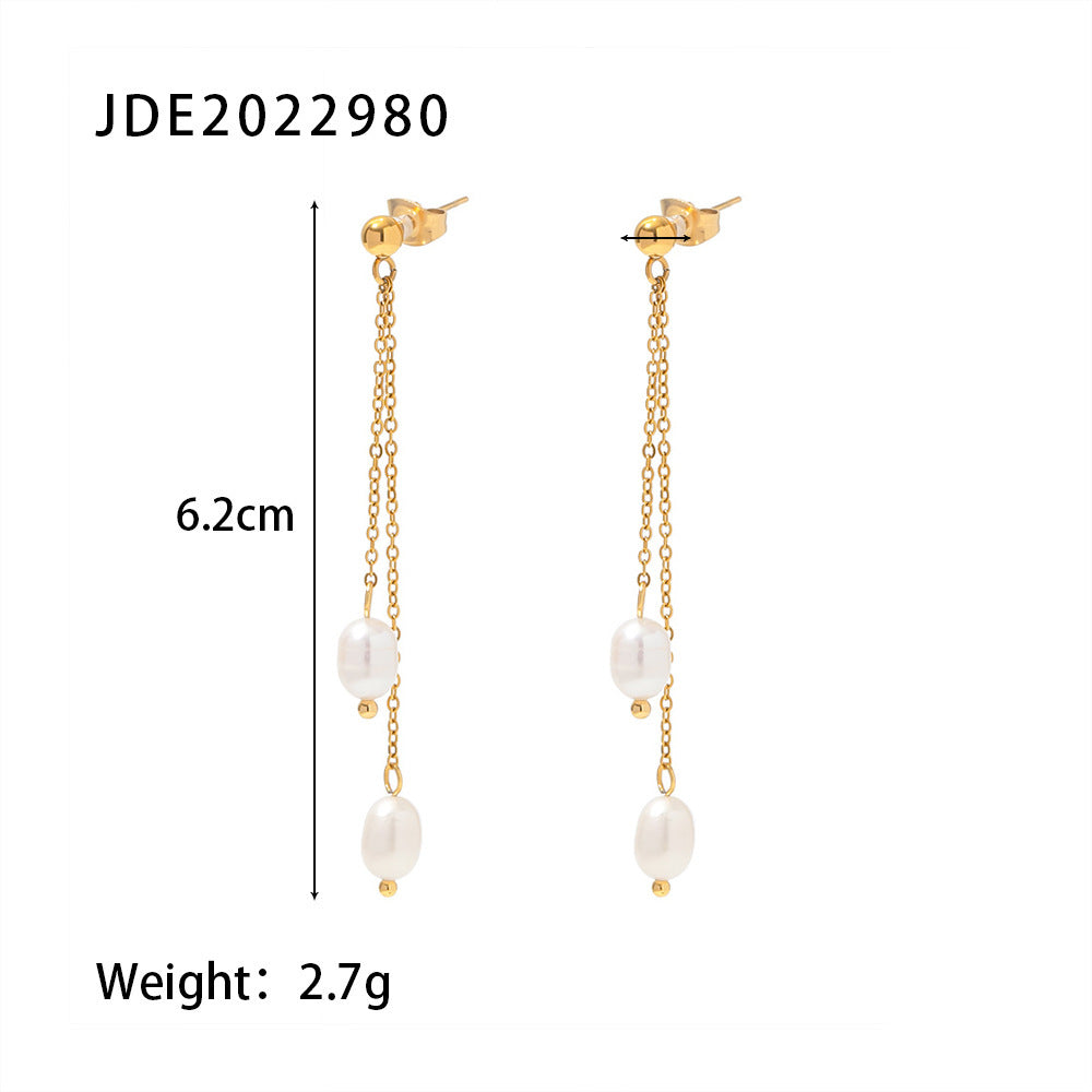 5pcs Women's Fashion All-In-One Simple Titanium Steel Earrings 18K Gold Natural Beaded Tassel Stud Earrings