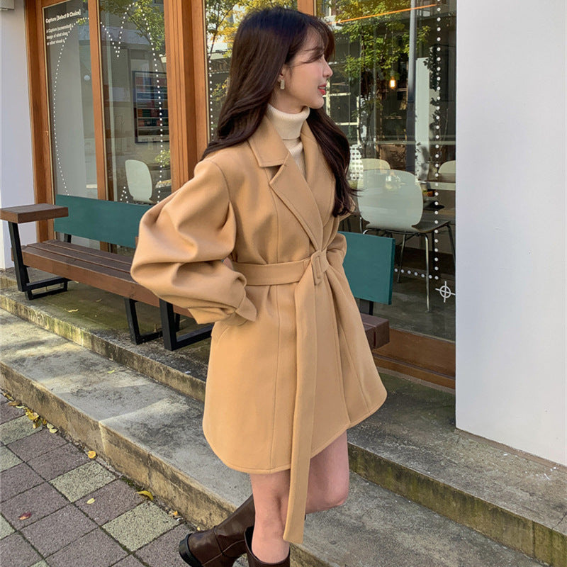 South Korea Chic Autumn And Winter Vintage Suit Collar Loose Belt Waist Collection Thin Clip Cotton Wool Coat Woman