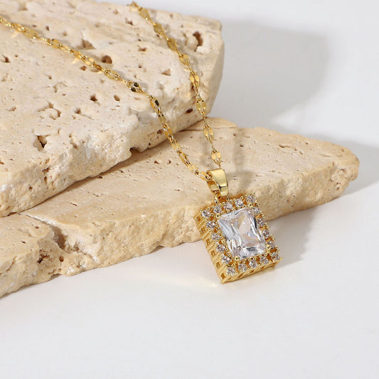 5pcs 18K Gold-Plated Stainless Steel Jewelry Hanging Square White Cubic Zircon Pendant Necklace For Women