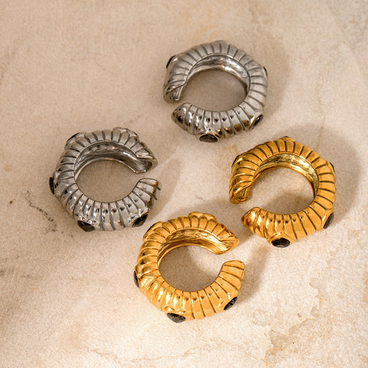 5pcs 18K Gold Stainless Steel Inlaid With Black Zircon Bread Earrings Do Not Fade Jewelry