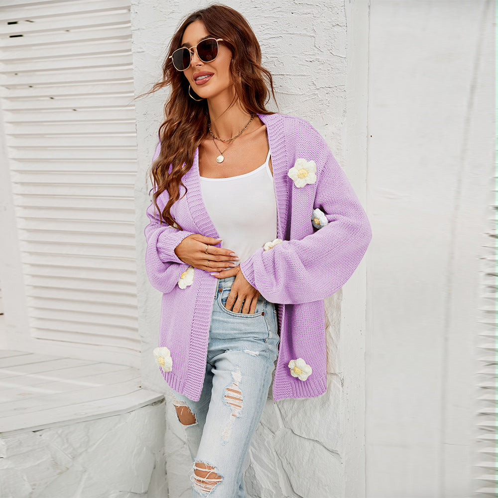 New Winter New Large Size Women's Clothing Flower Cardigan Lantern Sleeve Sweater Coat