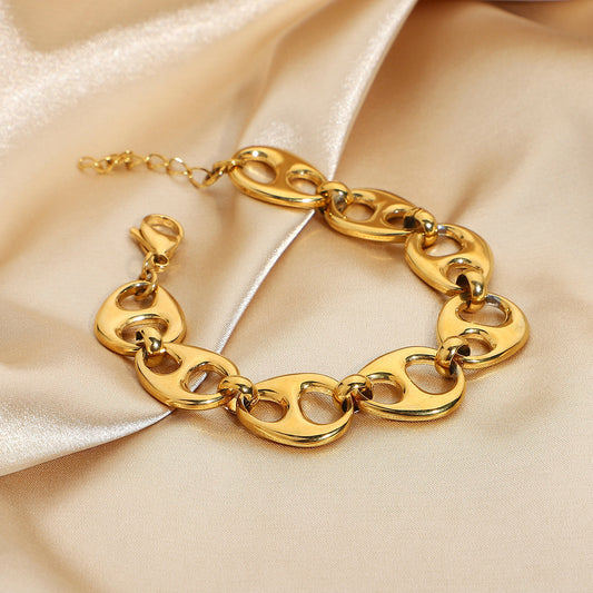 5pcs Punk Hand Anchor Chain Chunky Bracelet 18K Gold Plated Stainless Steel Bracelet Pig Nose Button Coffee Bean Bracelet