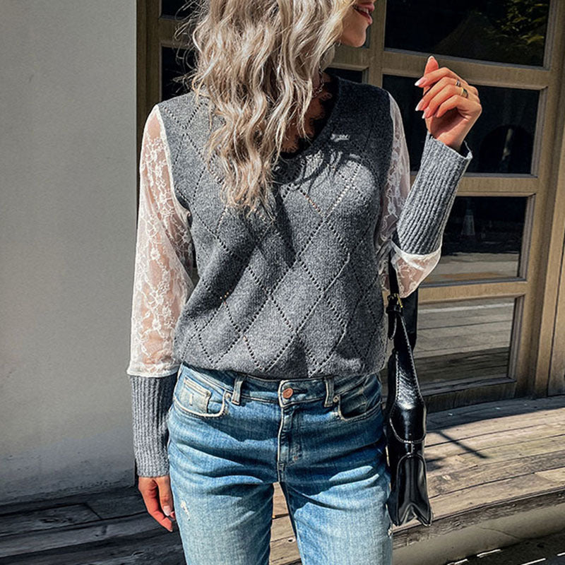 Autumn and Winter New Fashion Women's Long-Sleeved Lace Patchwork Sweater