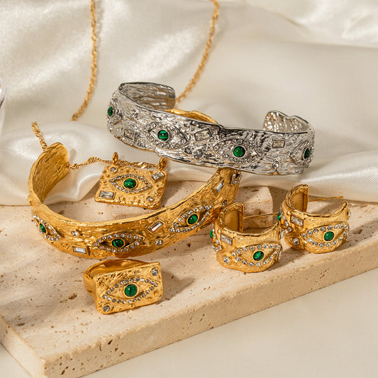 5pcs Women's 18K Gold Set Zircon Green Peacock Stone Lava Square Devil's Eye Square Ring