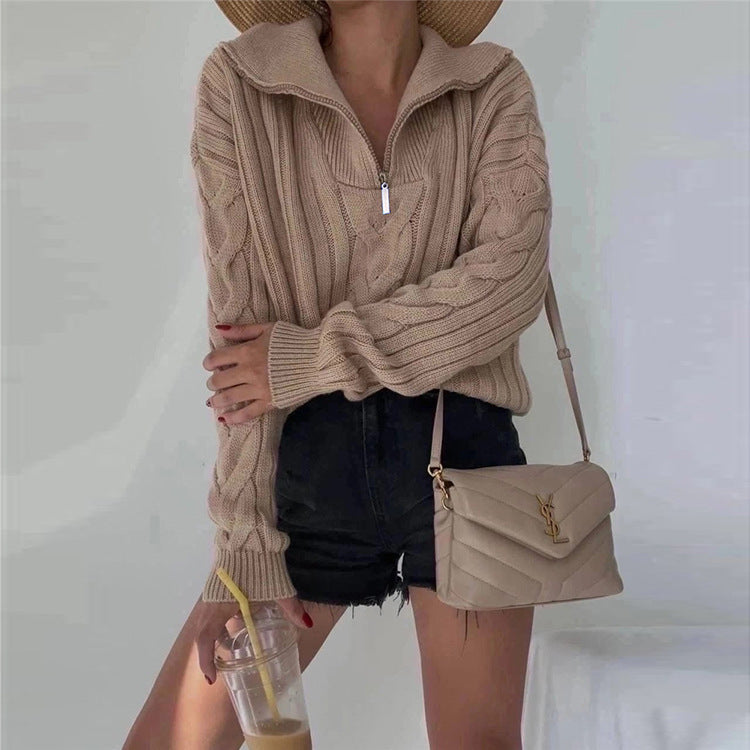 Long Sleeve Pullover Lapel Zipper Sweater Women's Twist Casual Loose Autumn And Winter Knit Sweater