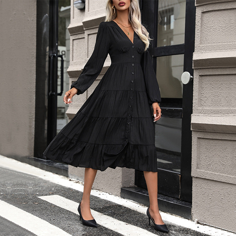 Autumn New Fashion Women's Dress Black Long-Sleeved Dress