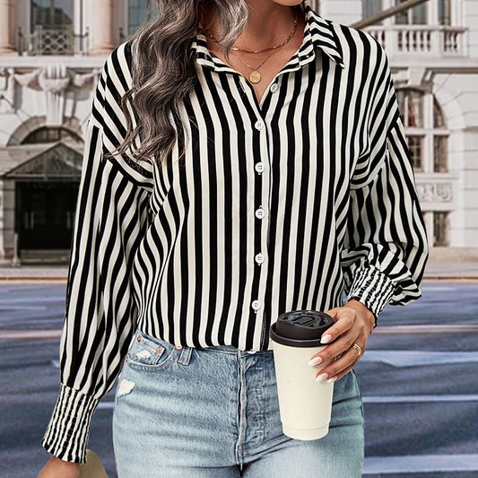 New Tops Long-Sleeved Black And White Striped Shirt Women