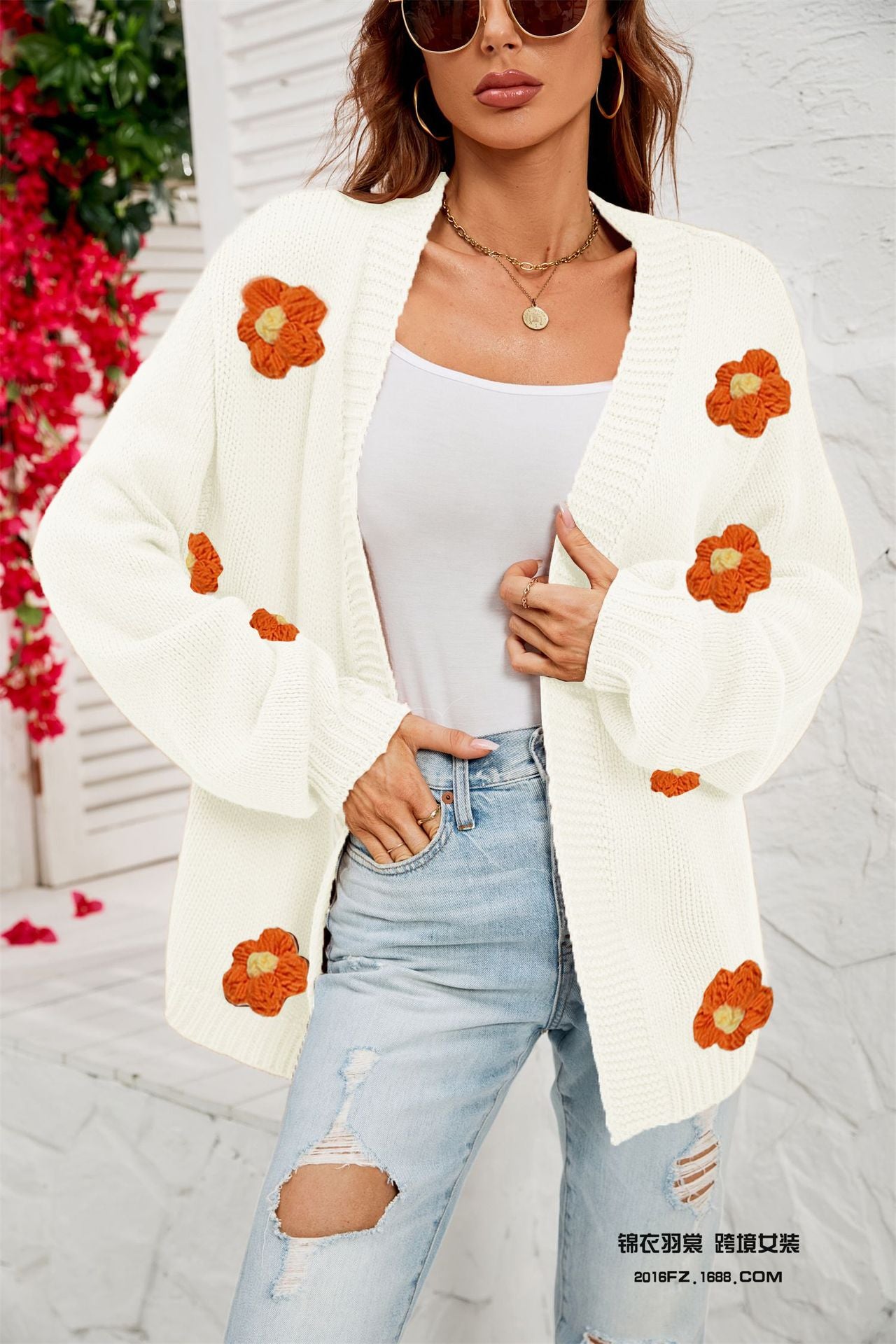 New Winter New Large Size Women's Clothing Flower Cardigan Lantern Sleeve Sweater Coat