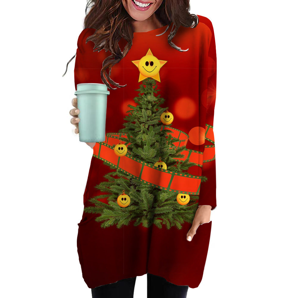 Women's Loose Round Neck 3D Christmas Elements Printed Long T-Shirt A Hair Casual Hoodie