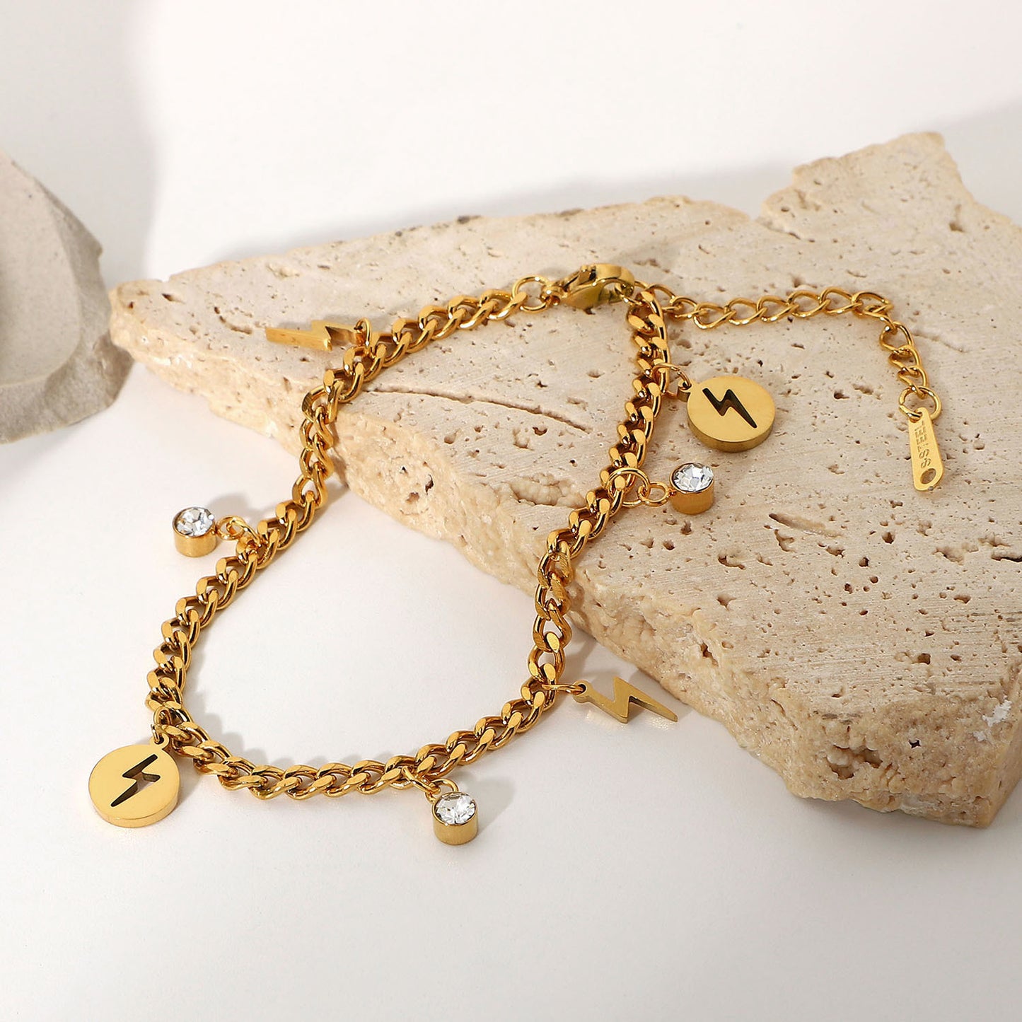5pcs Personality With 18K Gold-Plated Stainless Steel Lightning Small Round Zircon Pendant Bracelet For Ladies