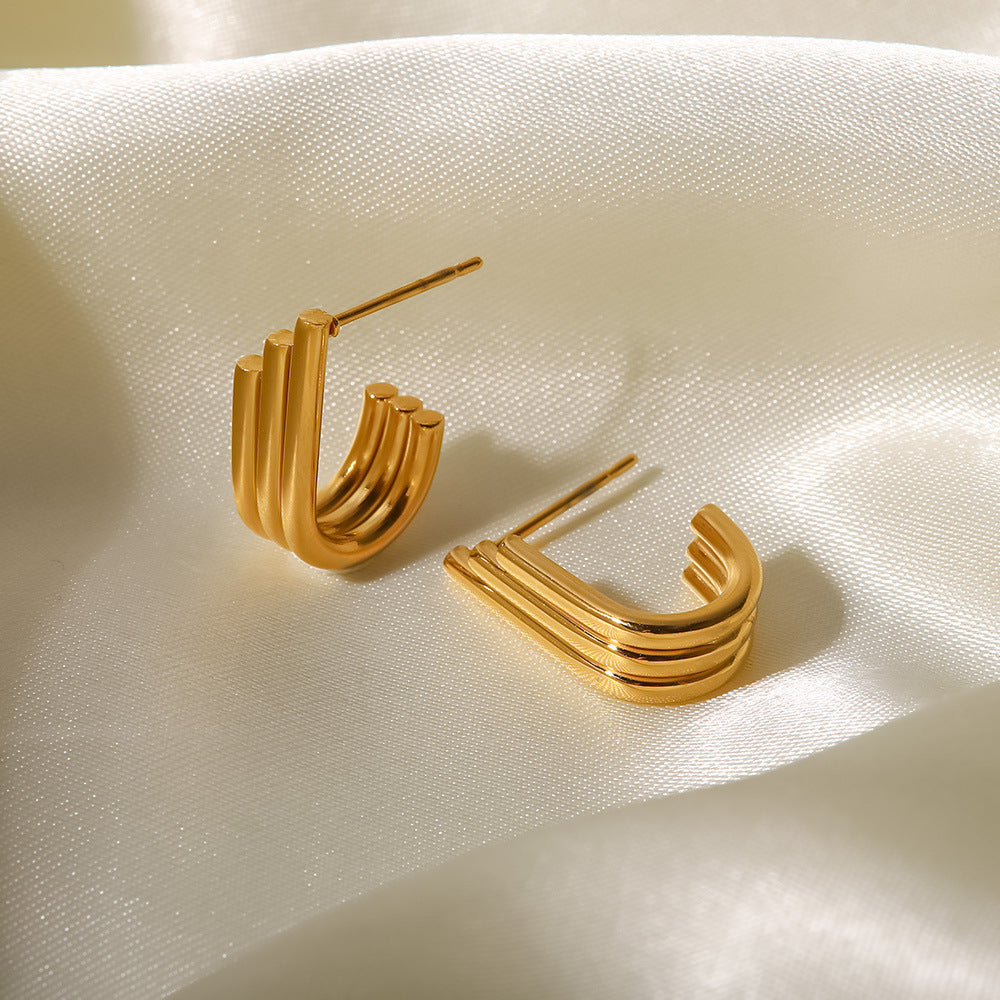 5pcs Titanium Steel Earrings Women's Fashion Matching Geometric Shape Staggered Three Layers Of U-Shaped Opening Earrings