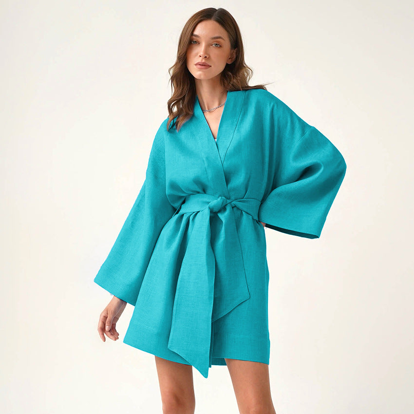 Autumn New Temperament Leisure Commute Wrapped Loose Cotton Hemp Belt High-Waisted Long-Sleeved Dress Women