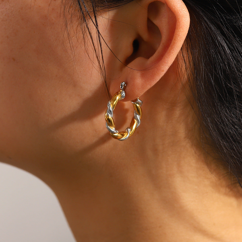 5pcs Fashion Style 18K Gold-Plated Titanium Steel Niche Earrings Stainless Steel Gold And Silver Splicing Geometric Earrings For Women