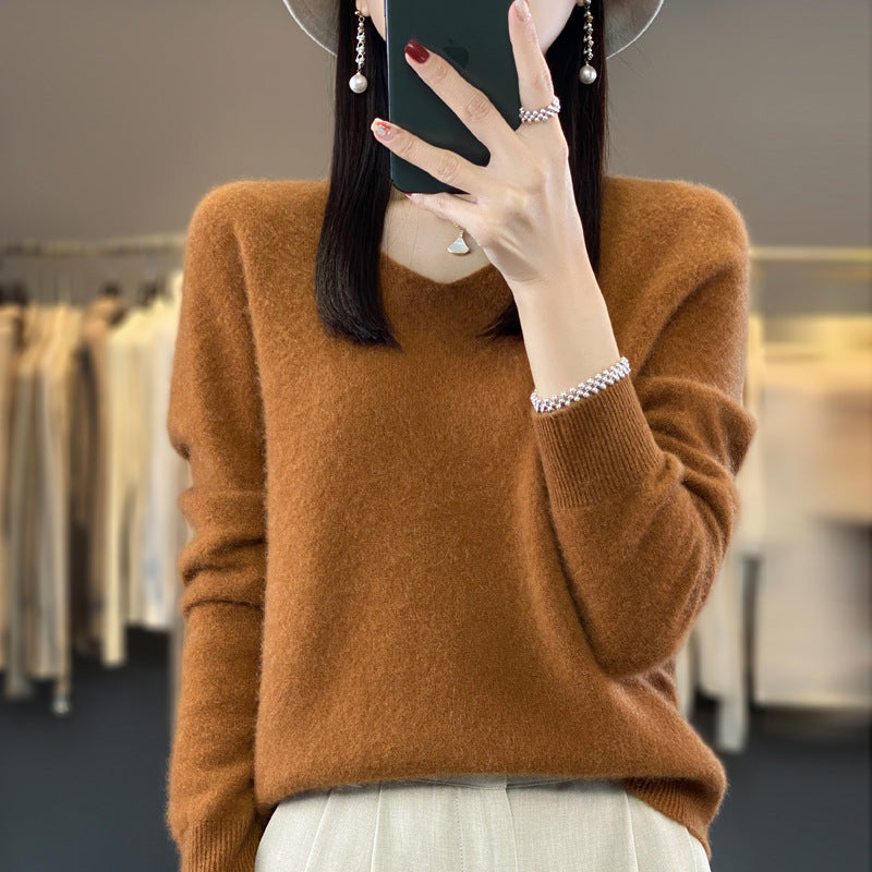 100 Pure Wool Knitwear Women's V-Neck Pullover Loose Base Shirt Autumn And Winter New Solid Color Sweater