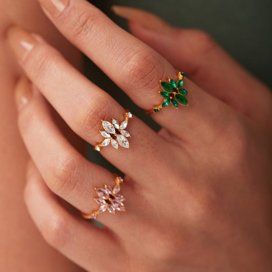 5pcs Ring 18K Gold Plated Thin Flower Zircon Ring Stainless Steel Green Zirconium Adjustable Ring Female