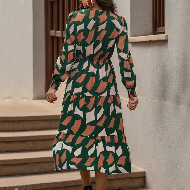 New Temperament V-Neck Ruffled Dress To Button-Up Long Skirt Geometric Pattern Matching Female Skirt