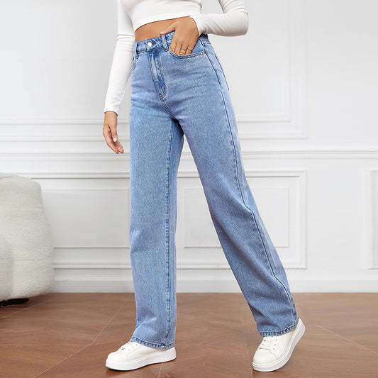 High-Waisted Washed Jeans For Women Long Stylish Straight-Leg Pants