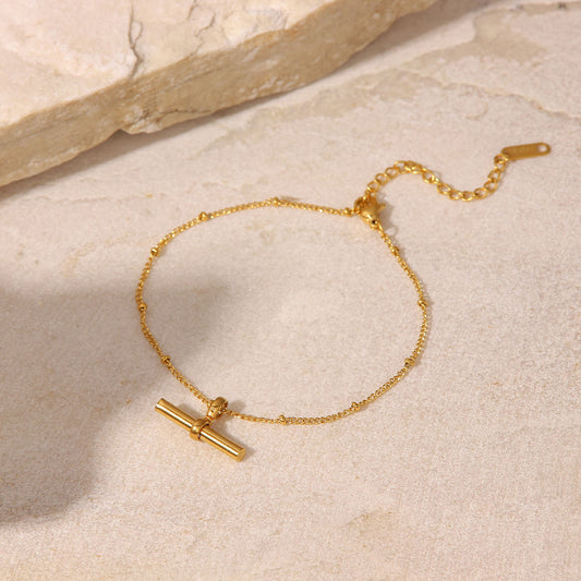 5pcs New Titanium Steel Anklet 18K Gold Personality Tbar Rod Pendant Round Bead Chain Anklet Fashion Everything Anklet