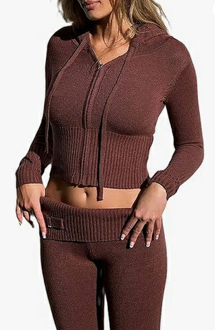 New Knitted Hooded Women's Fashion Sexy High-Waisted Long-Sleeved Trousers Two-Piece Set