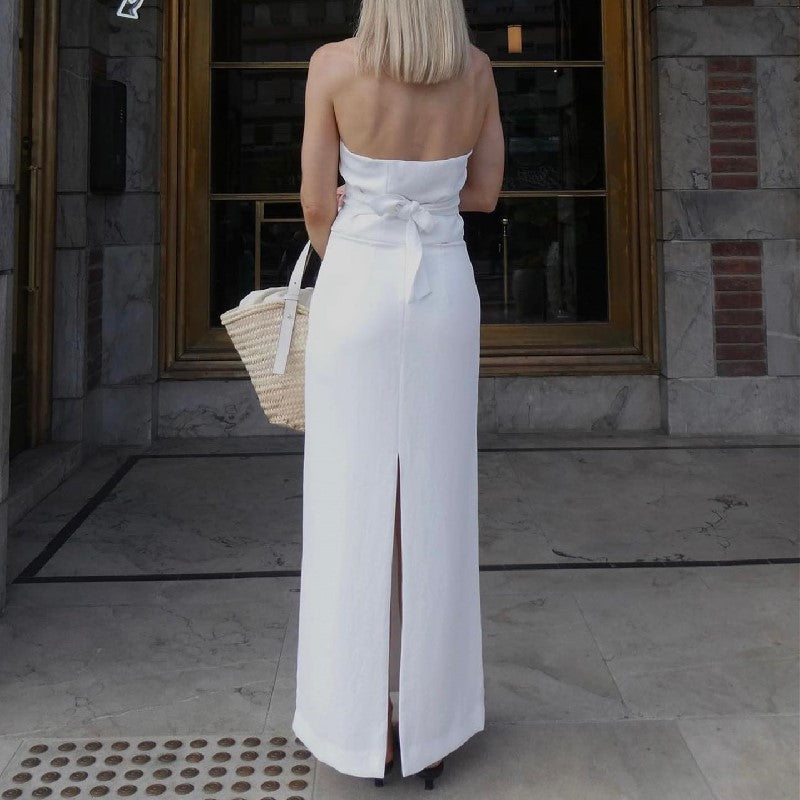 Autumn New Women's Fashion Sexy Two-Piece Set V-Neck Halter Strap Blouse Low Waist Slit Skirt