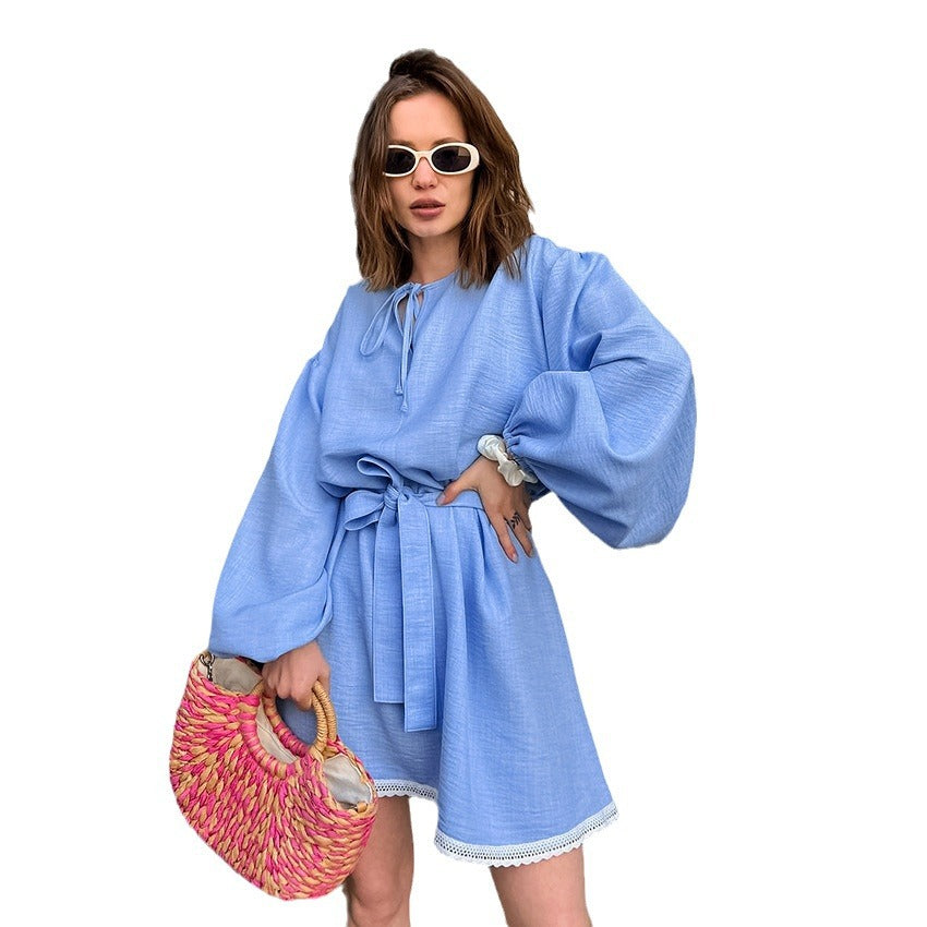 Spring Casual Fashion Blue Crepe Loose V-Neck Puffy Sleeve Lace-Up Dress Lace Skirt