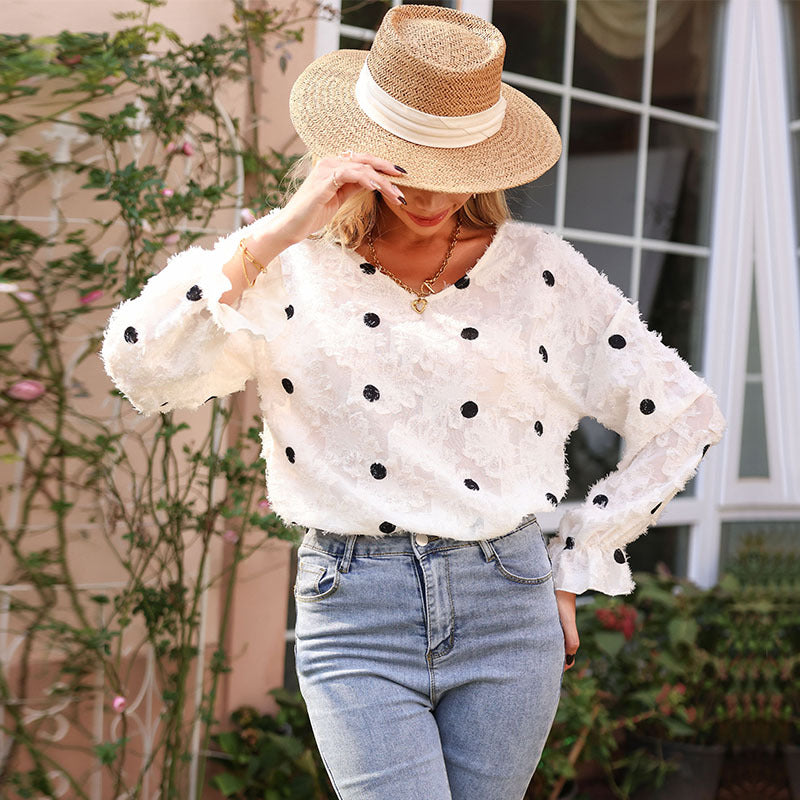 New Spring Women's Blouse Long Sleeve V-Neck Polka Dot White Shirt