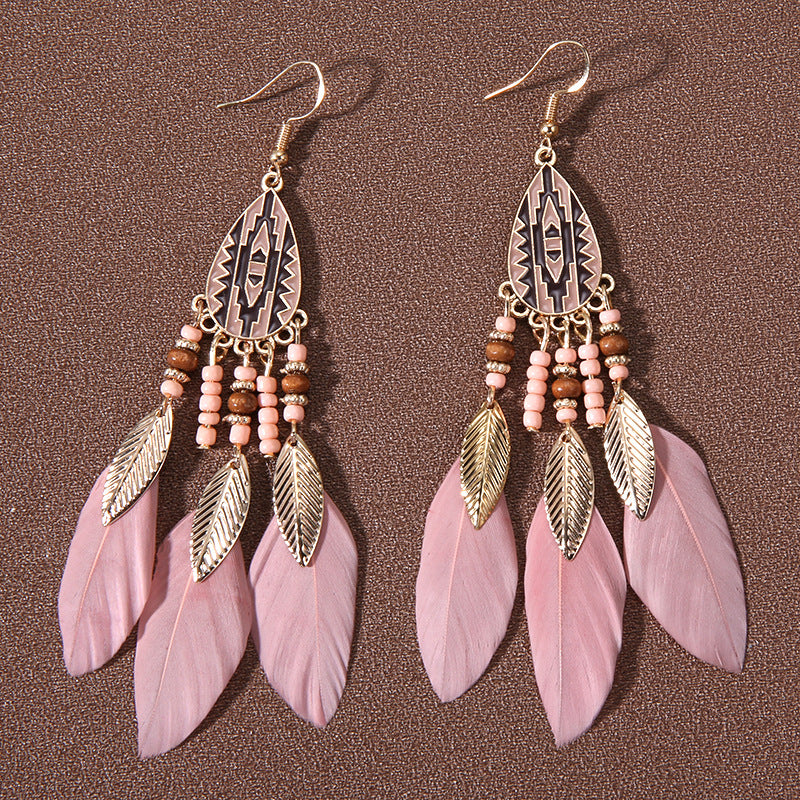 Water Drop Fringe Feather Earrings Women's Long Boho Rice Beads Ears Ethnic Wind Travel Holiday Accessories