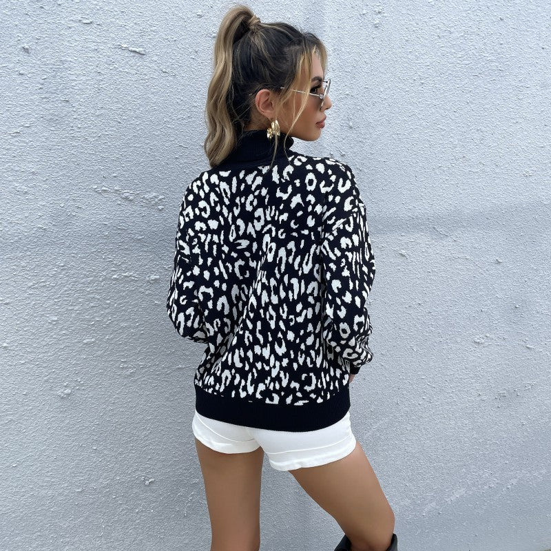 Fashion Women's Long-Sleeved Turtleneck Jacquard Black Leopard Print Sweater