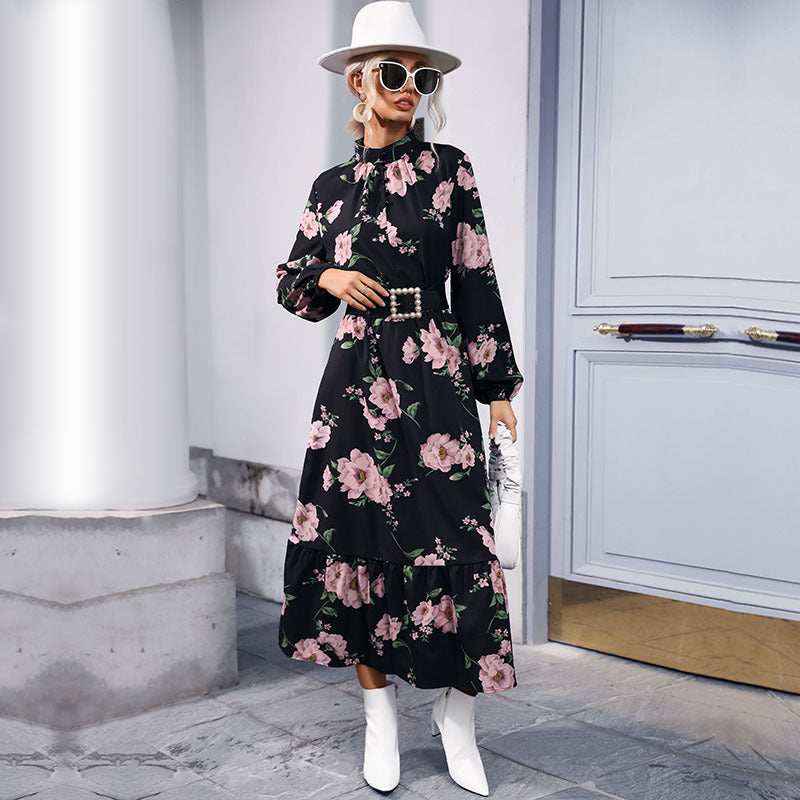 Fashion Women's Print Long Sleeve Half High Neck Long Dress Autumn And Winter