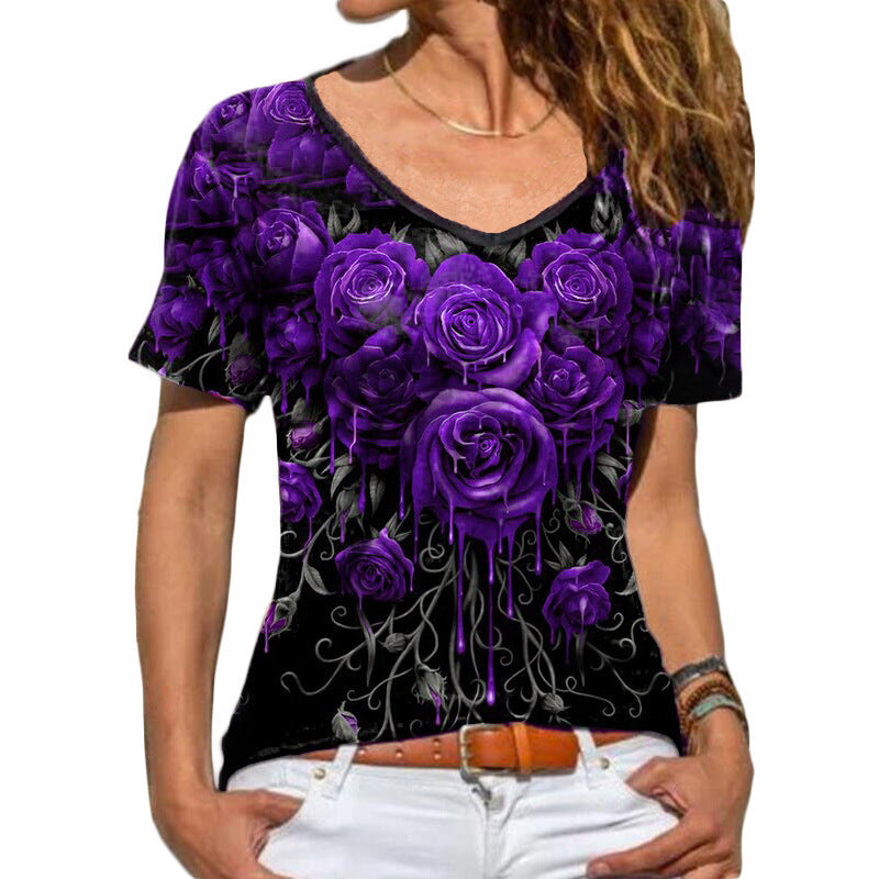 Summer New Women's New Short Sleeve Rose Print T-Shirt Woman