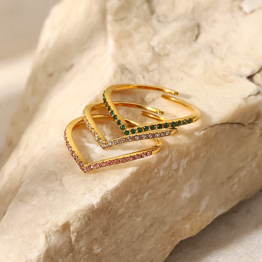 5pcs Fashion All-In-One Ring 18K Gold Full Diamond Fine V-Shaped Green // White Zircon Ring