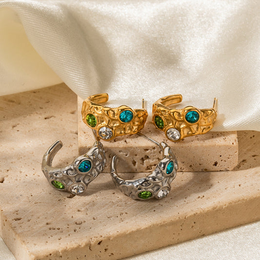 5pcs 18K Gold Stainless Steel Color Zirconium C-Shaped Pleated Texture Earrings Designed To Feel Non-Fading Earrings