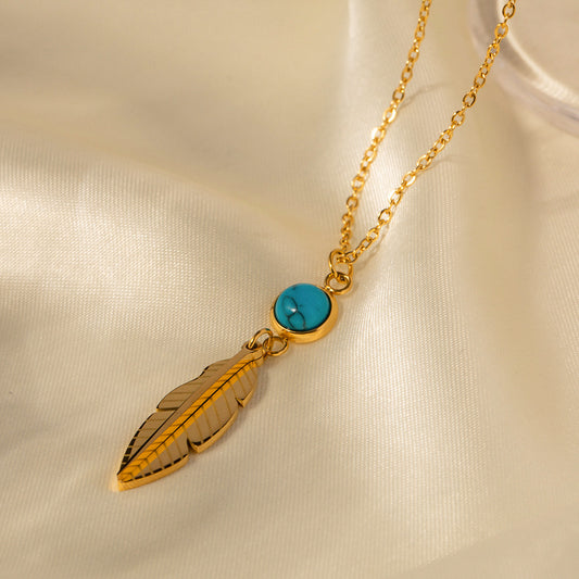 5pcs Stainless Steel Feather Inlaid Turquoise Stainless Steel Pendant Necklace Everything Accessories