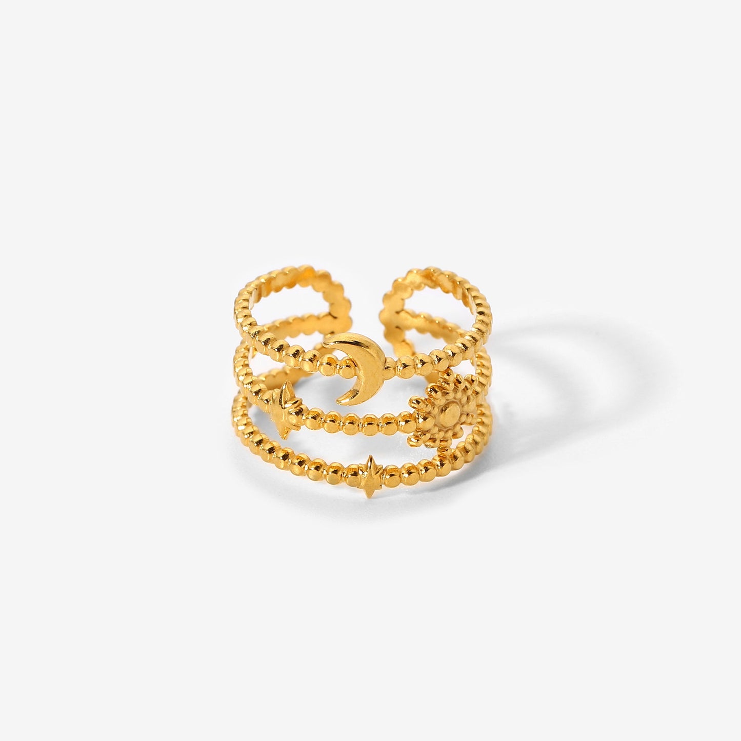 5pcs Hot Three-Layer Starmoon Open Ring 18K Gold Plated Stainless Steel Women's Popular Jewelry Ring