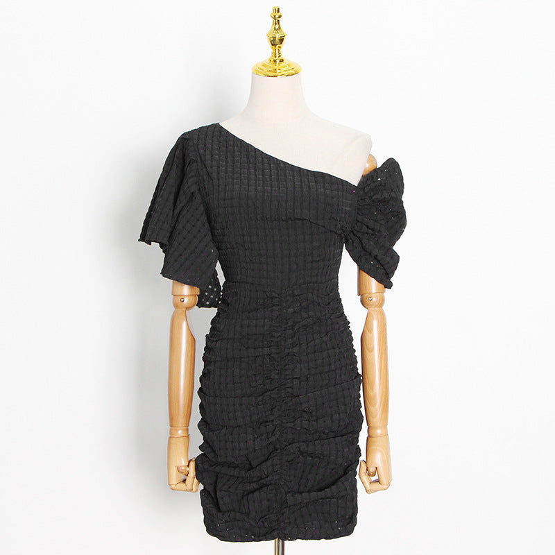 Spring New Fashion Plaid Fold Oblique Shoulder Slim Pencil Bag Hip Skirt Elastic Dress Women