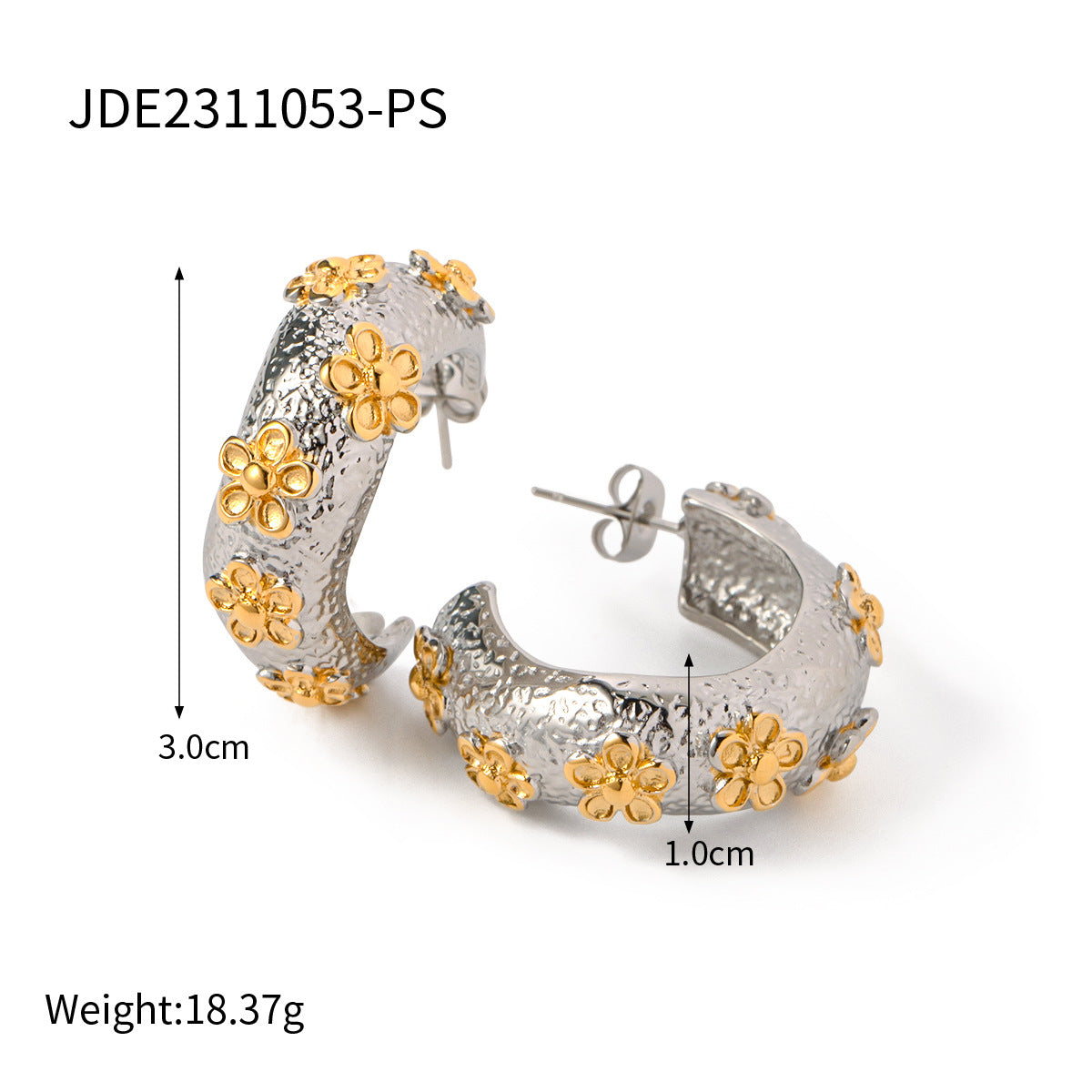 5pcs 18K Gold Stainless Steel Hammer Flower C-Shaped Earrings Niche Design Sense Of High-End Earrings Studs Women