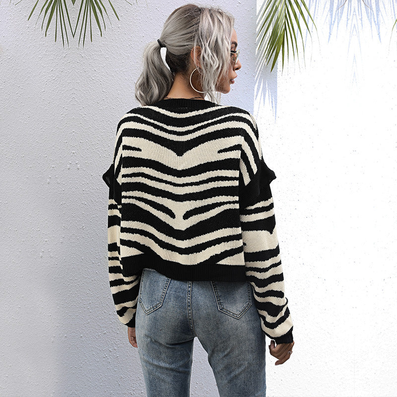 Lazy Autumn Zebra-Print Cardigan Knit Sweater Short Coat Women