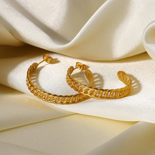 5pcs 18K Gold-Plated Stainless Steel Hoop Earrings 35Mm Gold Titanium Steel Cuban Chain C-Chain Earrings For Women