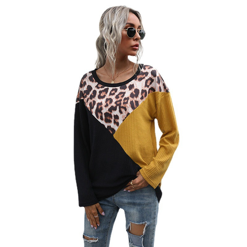 Top Women's Leopard Print Splicing Round Neck Loose Long Sleeve Long Knit Shirt
