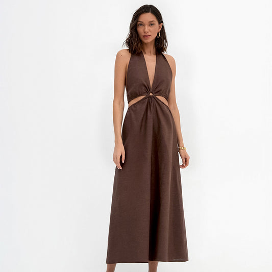 New Cotton Hemp Brown Halter Halter Dress Summer Fashion Women's Dress Long Dress