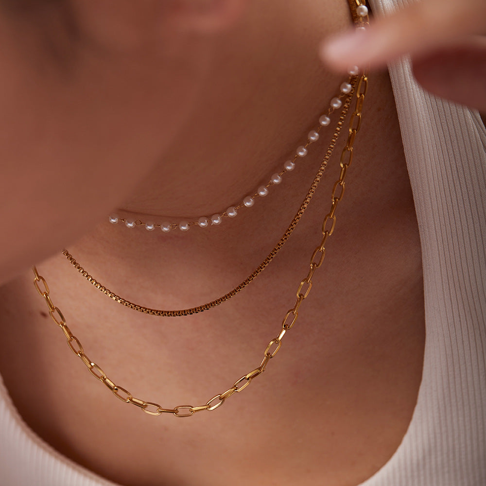 5pcs Necklace Is Independently Packaged 18K Gold Stainless Steel Small Pearl Chain Three-Layer Necklace For Women