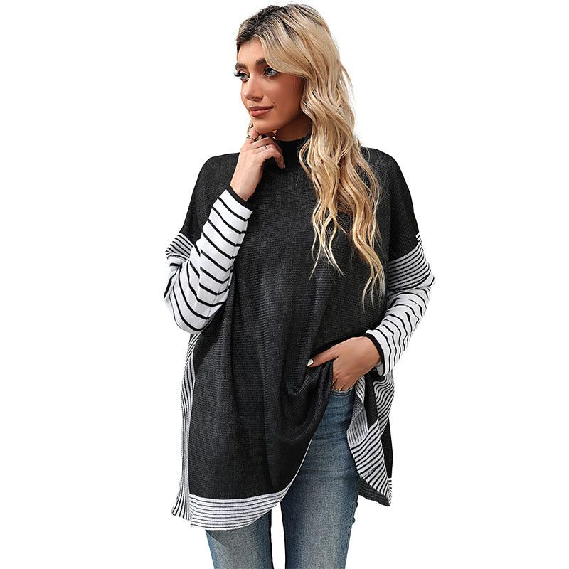 New Autumn And Winter Women's Long-Sleeved Striped Half-Turtleneck Loose Sweater