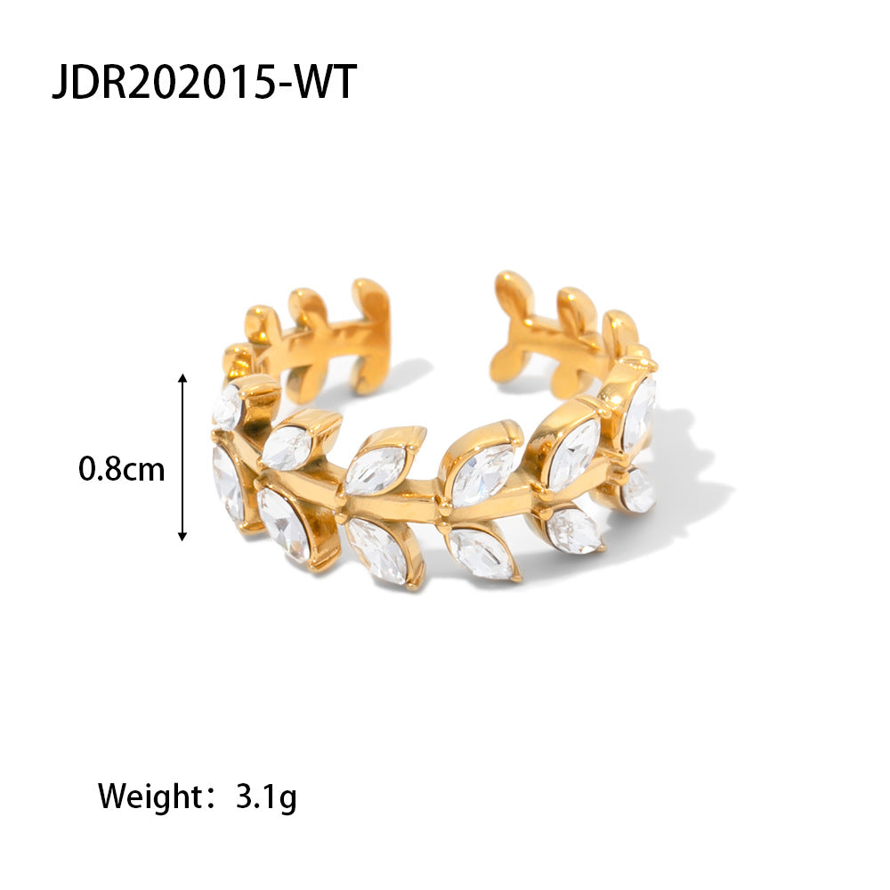 5pcs New Titanium Steel Ring 18K Gold Stainless Steel Leaf Shape Inlaid With Colored Zircon Ring Jewelry