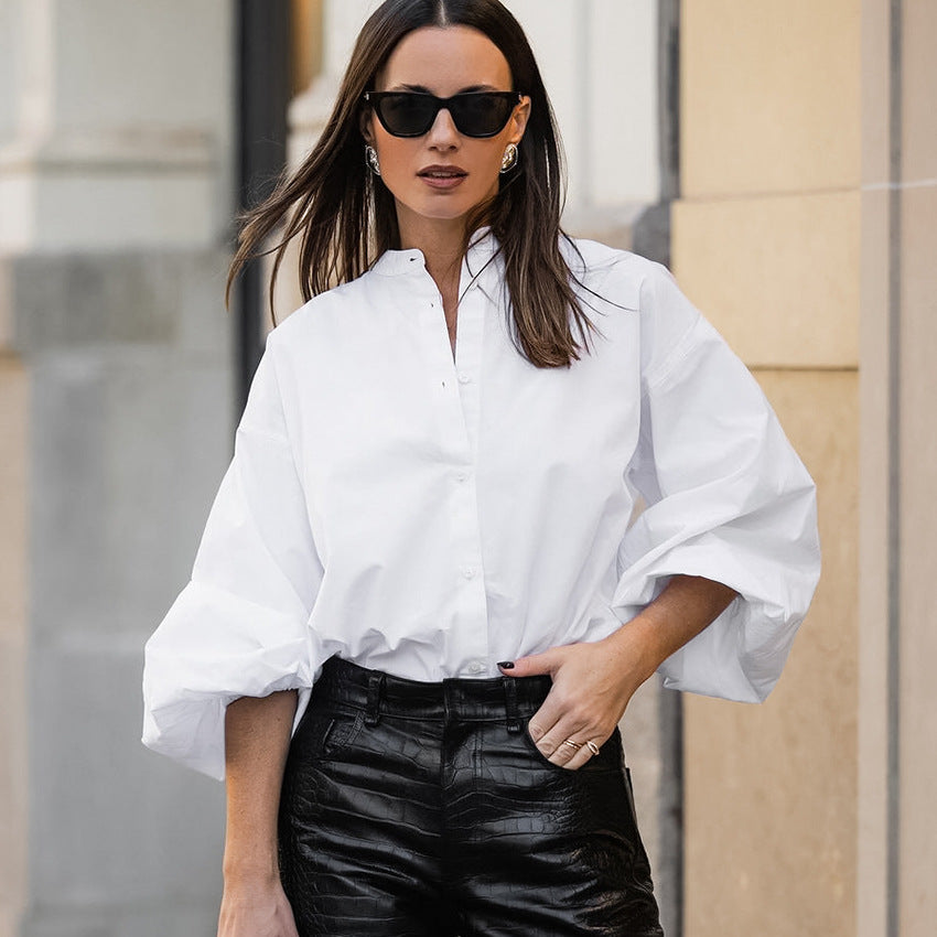 Spring Fashion Temperament Sense Small Stand Collar Lantern Sleeve Cardigan Shirt White Cotton Simple Shirt Woman
