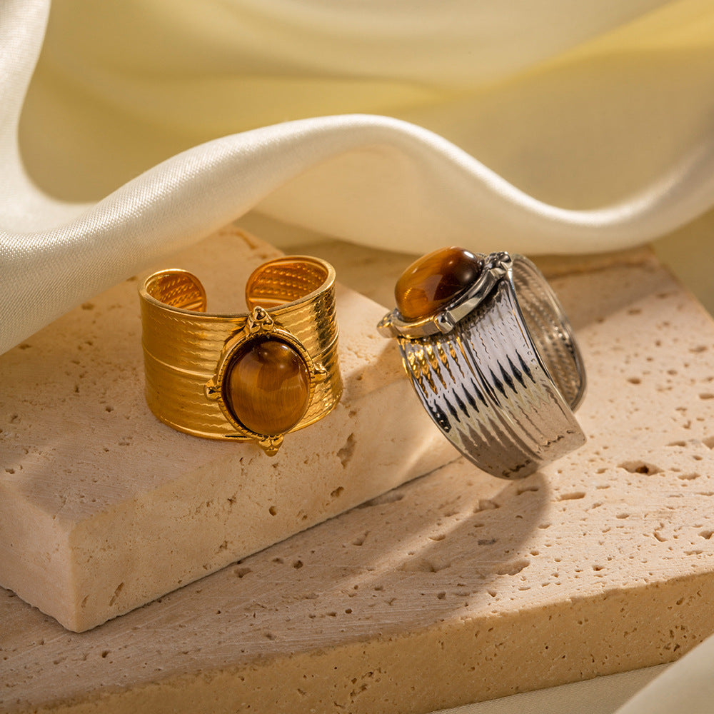 5pcs New 18-Karat Gold Natural Stone Tiger Bead Wide Opening Ring Stainless Steel Vintage High Quality Jewelry Ring For Women