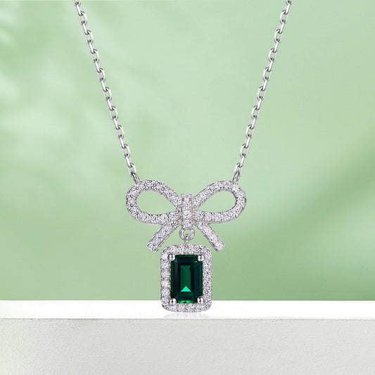 Bow 50 Pieces Rectangular Cultivated Emerald S925 Silver Plated Platinum Pendant Necklace Seenwork D Class First Jewelry