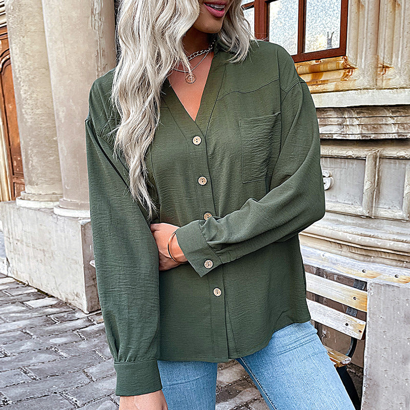 New Autumn New Women's Lapel Solid Color Shirt