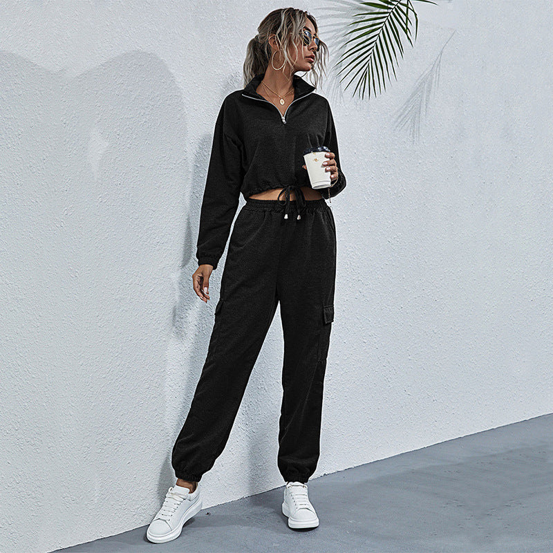 Fashion Trend Women's Two-Piece Solid Color Stand Collar Sports Casual Suit